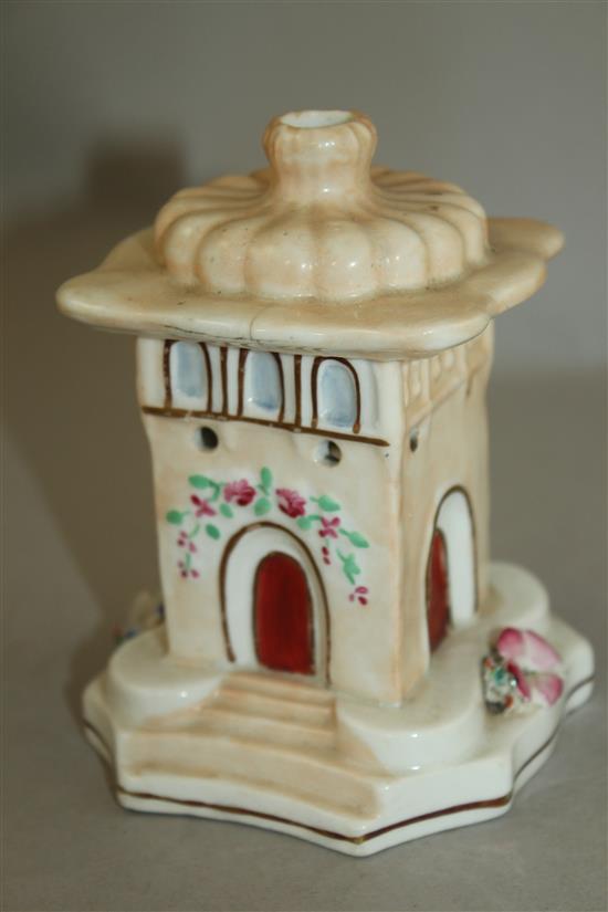 Three Staffordshire porcelain models of toll houses and another of a church, mid 19th century, height 11.5 - 18cm